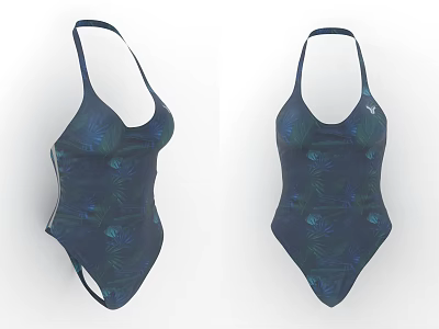 Stylish Dark Blue One Piece Swimsuit With Green Leaf Pattern And Halter Neck Design 3d model