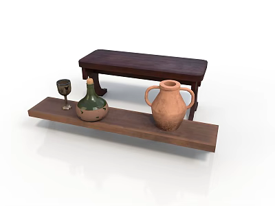 Rustic Wooden Bench And Shelf Display With Green Bottle Terracotta Amphora And Small Goblet 3d model