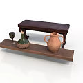 Rustic Wooden Bench And Shelf Display With Green Bottle Terracotta Amphora And Small Goblet