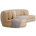 Modern Beige Sectional Sofa With Round Cushions And Gray Throw Blanket 3d model