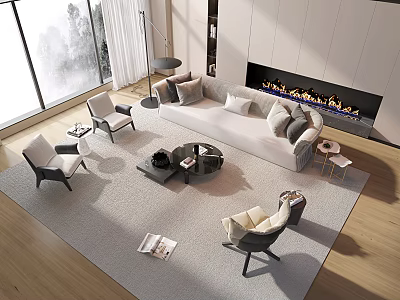 Modern Sofa and Coffee Table Set Interior with Accent Chairs Area Rug Fireplace Large Windows 3d model