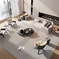 Modern Sofa and Coffee Table Set Interior with Accent Chairs Area Rug Fireplace Large Windows