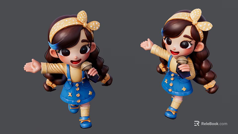 Cartoon Girl In Blue Overalls Yellow Top With Polka Dot Headband Cheerful Pose 3d model 