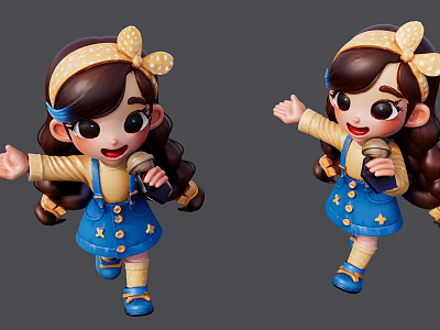 Cartoon Girl In Blue Overalls Yellow Top With Polka Dot Headband Cheerful Pose 3d model