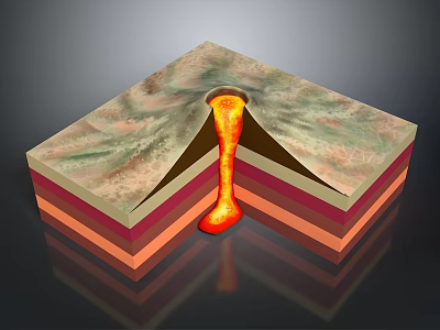 Volcano Cross Section Structure With Layers And Magma Eruption Channel 3d model