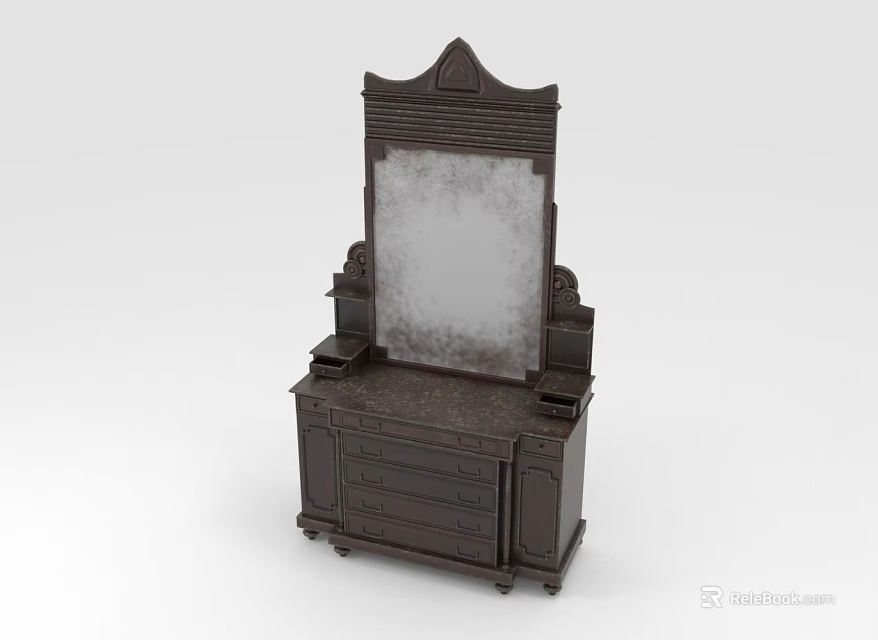 Dark Wood Vanity With Carved Mirror Top And Drawer Storage Design 3d model 