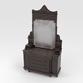 Dark Wood Vanity With Carved Mirror Top And Drawer Storage Design