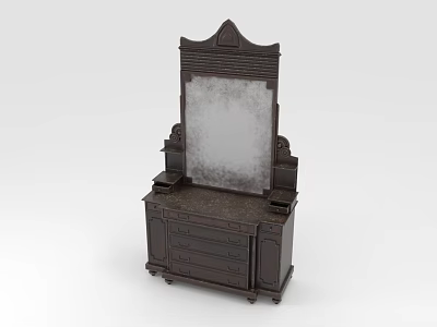 Dark Wood Vanity With Carved Mirror Top And Drawer Storage Design 3d model