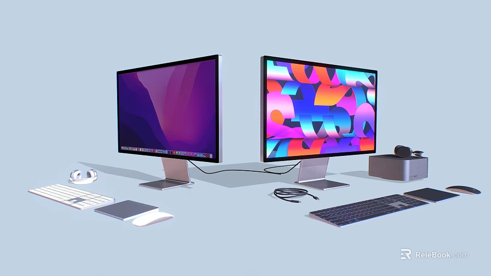 Dual Monitor Computer Setup With Colorful Displays Keyboard Mouse And Headphones 3d model 