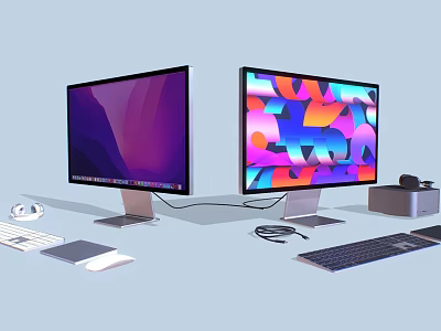 Dual Monitor Computer Setup With Colorful Displays Keyboard Mouse And Headphones 3d model
