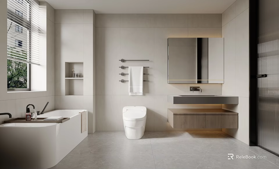 Elegant Modern Bathroom Interior With Tiled Walls Bathtub Vanity Mirror And Towel Rack 3d model 