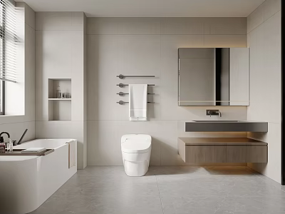 Elegant Modern Bathroom Interior With Tiled Walls Bathtub Vanity Mirror And Towel Rack 3d model