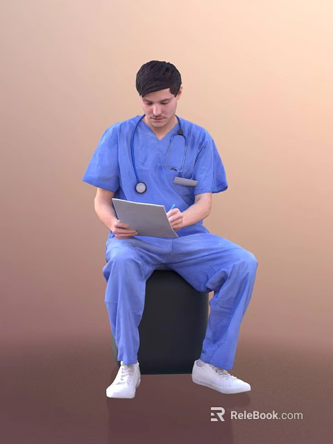 Man In Blue Scrubs With Stethoscope Sitting On Stool Using Tablet And Writing 3d model 