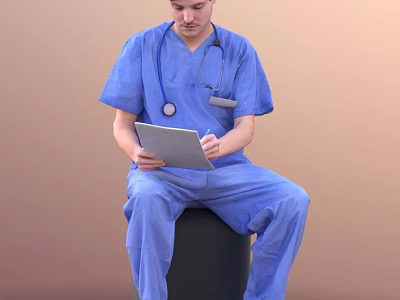 Man In Blue Scrubs With Stethoscope Sitting On Stool Using Tablet And Writing 3d model
