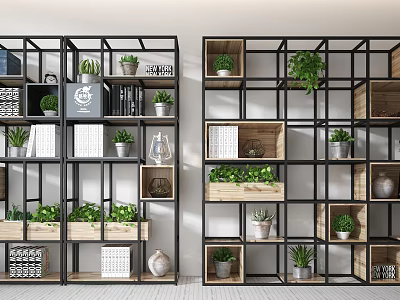 Modern Open Bookshelf With Metal Frame Wooden Shelves And Potted Plants 3d model