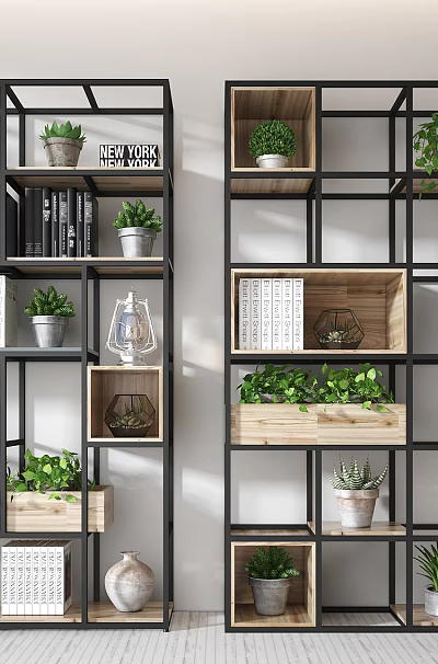 Modern Open Bookshelf With Metal Frame Wooden Shelves And Potted Plants 3d model