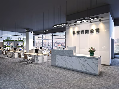 Modern Public Office Interior With Open Layout Desk Chairs Hanging Lights And Marble Front Desk 3d model
