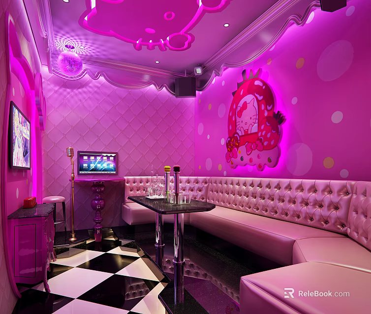 Pink Themed KTV Room Interior With Sofa Microphone TV And Decorative Elements 3d model 