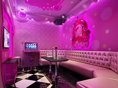 Pink Themed KTV Room Interior With Sofa Microphone TV And Decorative Elements 3d model