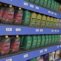 Industrial Motor Oil Storage Rack Featuring Various Oil Products on Multiple Shelves