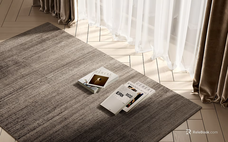 Light Brown Square Rug With Magazines On Tile Floor 3d model