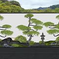 Artistically Shaped Trees with Stone Lantern Rockery Green Shrubs Slate Floor and Mountain Backdrop