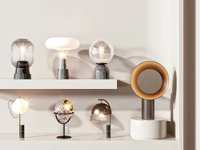 Modern Stylish Table Lamps with Various Designs Glass Globes and Metal Bases on Shelves 3d model