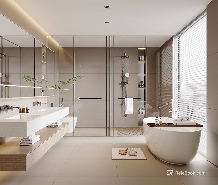 Modern Bathroom Interior With Large Mirror Glass Shower Vanity And Freestanding Bathtub 3d model 