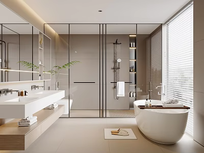 Modern Bathroom Interior With Large Mirror Glass Shower Vanity And Freestanding Bathtub 3d model