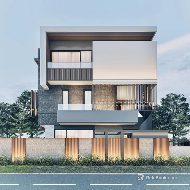 Modern Detached Villa With Layered Design Balcony Brick Exterior And Green Trees 3d model 
