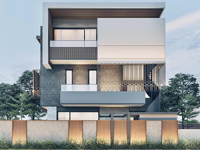 Modern Detached Villa With Layered Design Balcony Brick Exterior And Green Trees 3d model