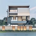 Modern Detached Villa With Layered Design Balcony Brick Exterior And Green Trees