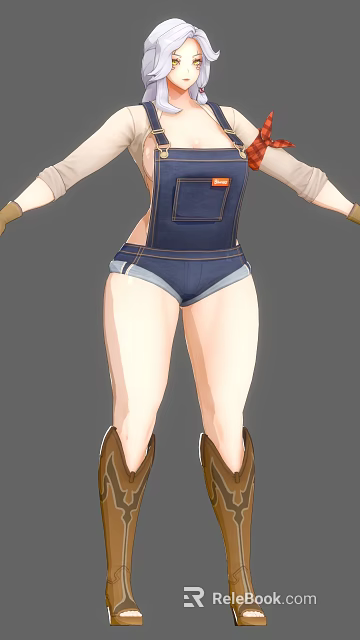 Woman In Denim Overalls Shorts And Brown Boots Standing In Casual Outfit Pose 3d model 