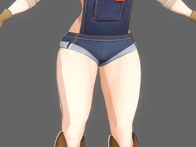 Woman In Denim Overalls Shorts And Brown Boots Standing In Casual Outfit Pose 3d model