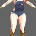 Woman In Denim Overalls Shorts And Brown Boots Standing In Casual Outfit Pose