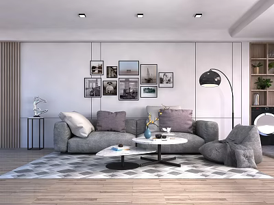 Gray Sofa and Coffee Table Set with Throw Pillows Decorative Paintings Lamp and Geometric Rug 3d model