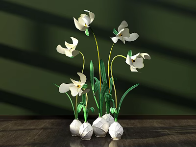 Floral Arrangement with White Flowers Green Stems White Spherical Pots on Wooden Tabletop Green Background 3d model