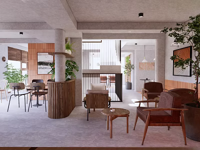 Modern Café Interior With Wooden Bar Green Plants And Comfortable Seating 3d model
