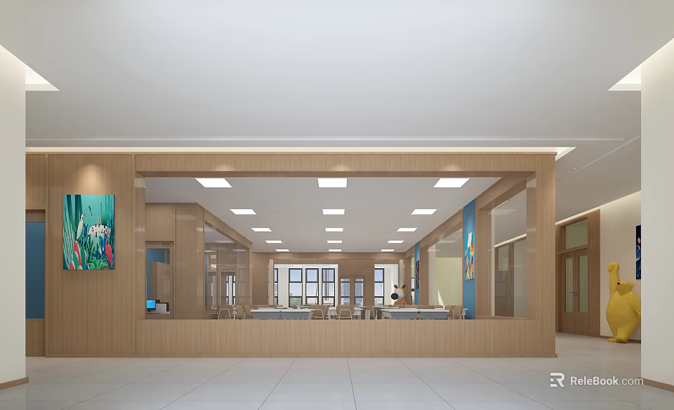 School Cafeteria Hall With Wooden Decor Bright Lighting And Large Windows 3d model 