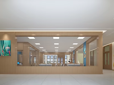 School Cafeteria Hall With Wooden Decor Bright Lighting And Large Windows 3d model