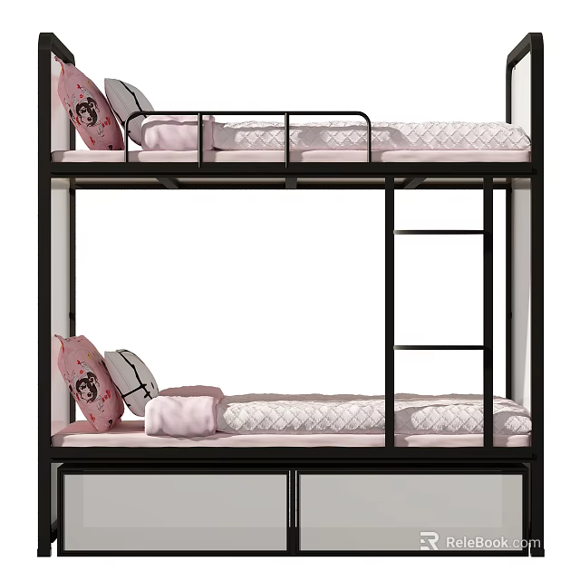 Bunk Bed with Black Frame Pink Pillows Ladder and Quilted Sheets 3d model 