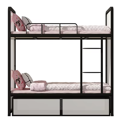 Bunk Bed with Black Frame Pink Pillows Ladder and Quilted Sheets 3d model