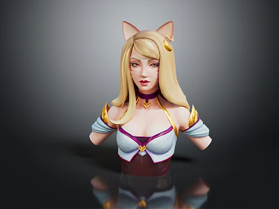 Cat Eared Female Character 3D Model Bust Blonde Long Hair Purple White Outfit Arm Cuffs 3d model