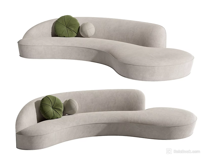 Stylish Modern Light Gray Curved Sectional Sofa With Green Beige Cushions 3d model 