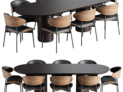 Modern Minimalist Dining Table And Chairs Set With Black Oval Table And Light Wooden Seats 3d model