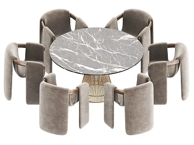 Elegant Round Marble Dining Table Set With Six Gray Upholstered Chairs And Wooden Legs 3d model