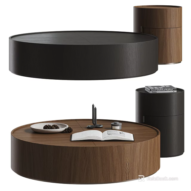 Modern Walnut Round Coffee Table With Open Book Pen Coffee Cup And Nut Plate 3d model 