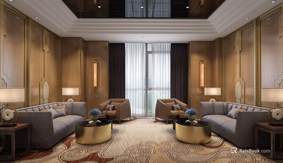 Modern Lounge Area With Gray Sofas Round Coffee Tables Patterned Carpet And Wooden Walls 3d model 