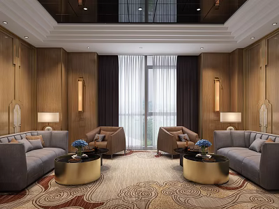 Modern Lounge Area With Gray Sofas Round Coffee Tables Patterned Carpet And Wooden Walls 3d model