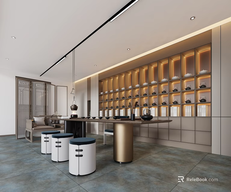 Modern Tea Room Interior Design With Shelves Displaying Tea Sets And Seating Area 3d model
